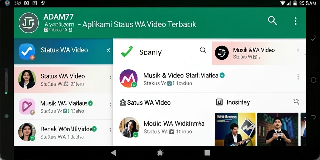Tampilan antarmuka aplikasi ADAM77 untuk status WA video yang menarik.