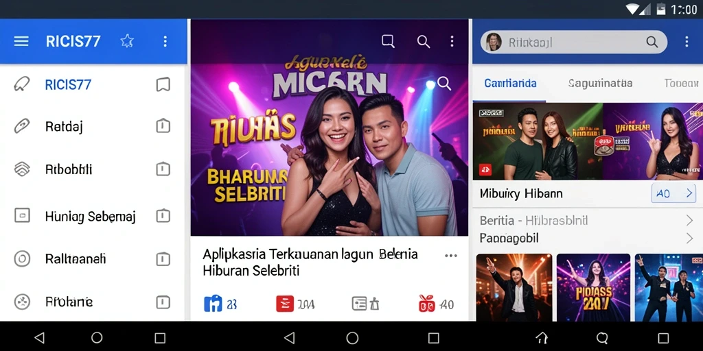 Antarmuka RICIS77 menampilkan berita selebriti terkini dengan desain yang menarik.